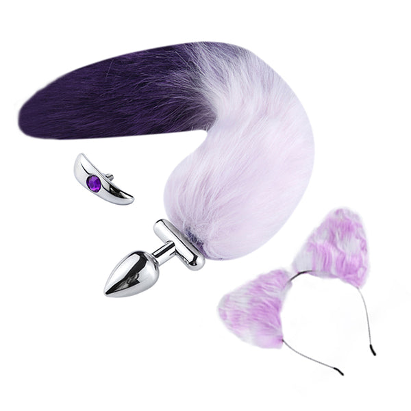 16” White with Purple Fox Tail Butt Plug with Cat Ear