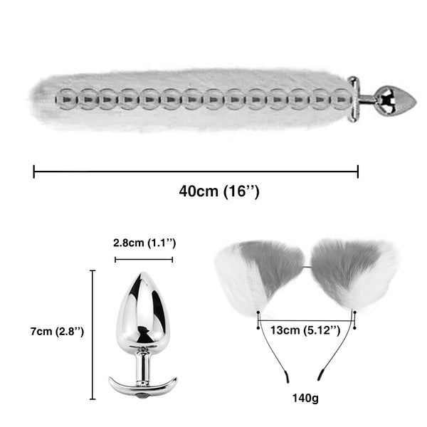 16” White with Grey Fox Tail Butt Plug with Cat Ear