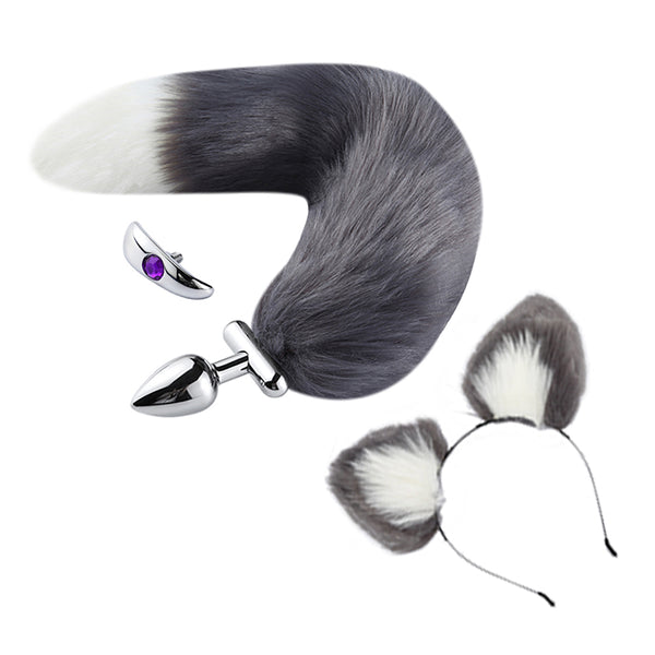 16” White with Grey Fox Tail Butt Plug with Cat Ear