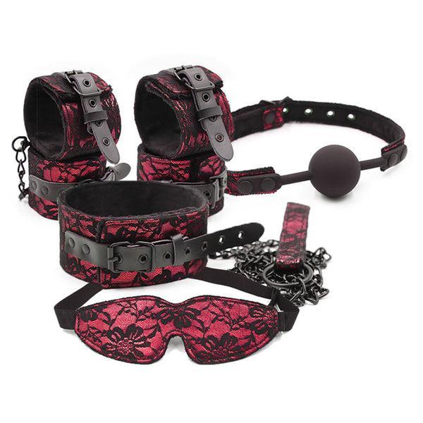 5Pcs Bondage Boutique Lace Restraint Kit- Red