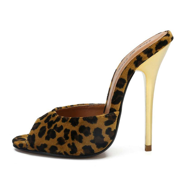 Peep-Toe Leopard Print Mules Slides