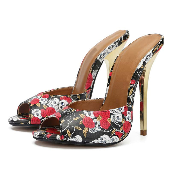 Skull Peep-Toe Mules Stiletto Slides