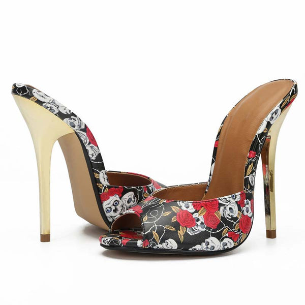 Skull Peep-Toe Mules Stiletto Slides