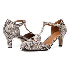 Snake Pattern Closed Back T-Strap Sandals