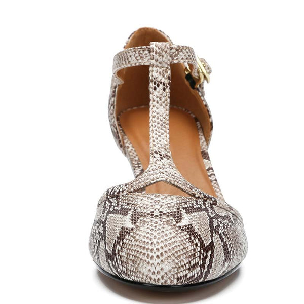 Snake Pattern Closed Back T-Strap Sandals