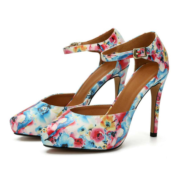 Floral Ankle Straps Platform Stilettos