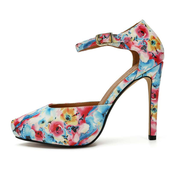 Floral Ankle Straps Platform Stilettos