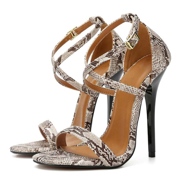 Snake Pattern Open Toe Ankle Straps Stilettos