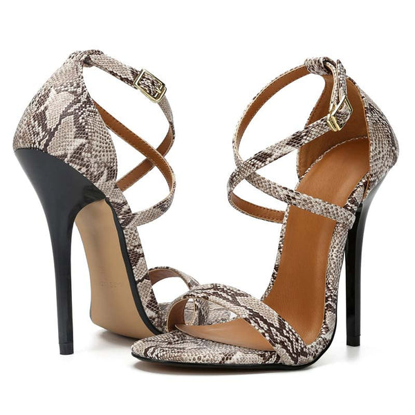 Snake Pattern Open Toe Ankle Straps Stilettos